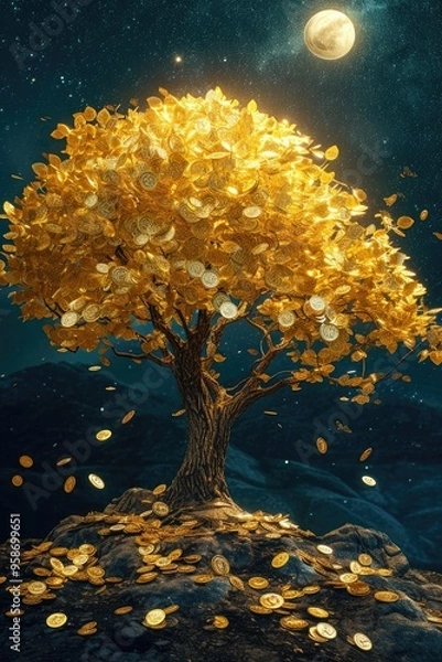 Fototapeta A photo of a golden Bitcoin tree with coins as leaves, shimmering under moonlight, surreal and mystical