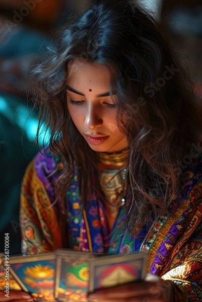 Fototapeta A photo of a mystical fortune teller reading crypto trends from tarot cards, blending mysticism and finance