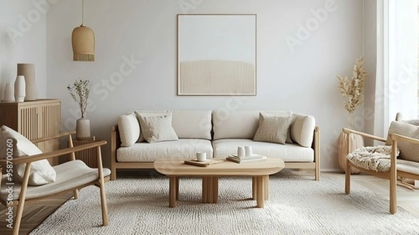 Fototapeta Cozy and Refined Living Room with Contemporary Wooden Furniture and Natural Lighting