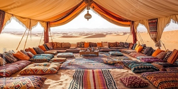 Fototapeta A cozy seating area with colorful pillows and rugs inside a Bedouin tent, with a view of the vast, sandy desert.