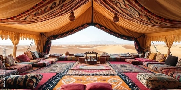 Fototapeta Inside a traditional desert tent with a view of sand dunes.