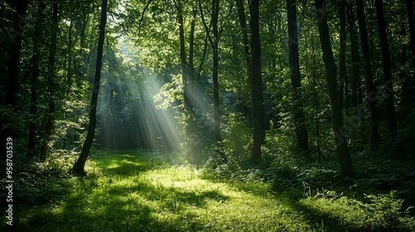 Fototapeta Lush Green Forest Filled with Sunbeams and Scenic Nature View