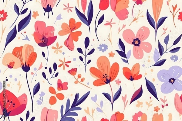 Obraz vibrant floral pattern featuring hand-drawn flowers in warm shades of red, pink, orange, and purple, with delicate leaves on a light background. Perfect for textile design, wallpaper, or spring 