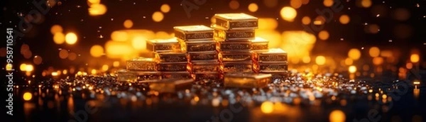 Fototapeta Shiny gold bars stacked elegantly with a sparkling bokeh background, symbolizing wealth and luxury in a vibrant setting.