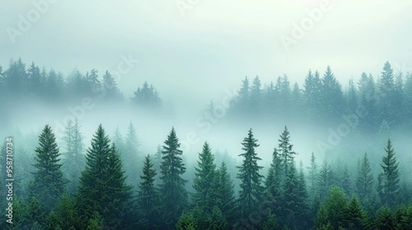 Fototapeta Quiet and mystical fir forest blanketed in mist, creating a peaceful and ethereal woodland scene
