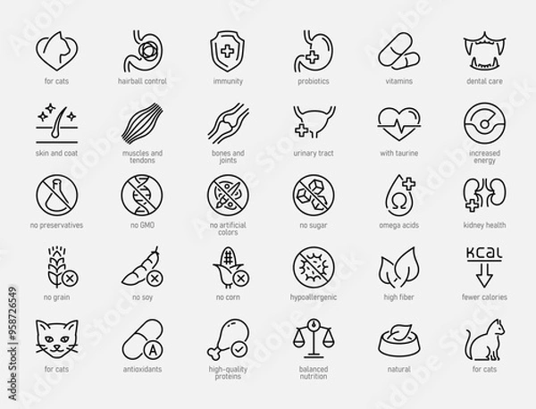 Fototapeta Cat Food Properties Vector Icon Set in Outline Style