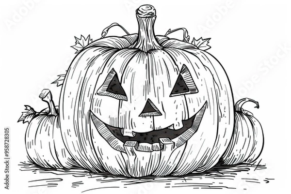 Fototapeta Black and white sketch of a jack-o-lantern, perfect for Halloween coloring page