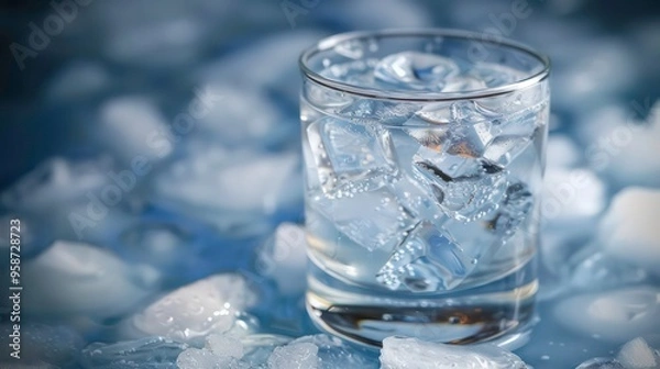 Fototapeta A glass of water with ice cubes on a bed of ice.