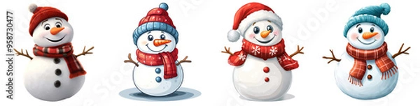 Obraz Set of Cheerful Snowman with Red Scarf and Santa Hat,  Perfect for Christmas and Winter Holiday Themes, Isolated on Transparent Background