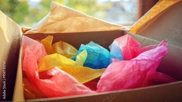 Fototapeta A partially open cardboard box with colorful tissue paper, suggesting a surprise gift or delivery.