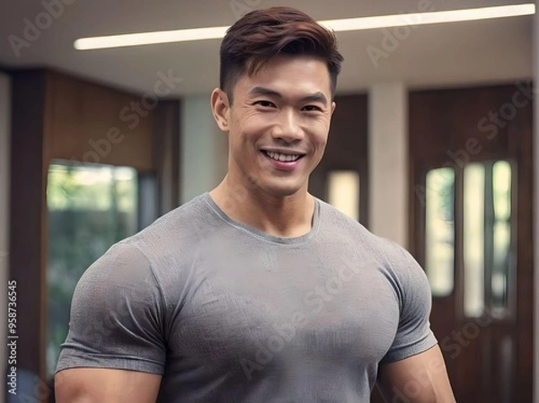 Obraz Muscular Asian Man with Grey T-shirt Smiling and Looking at Camera in The House Portrait