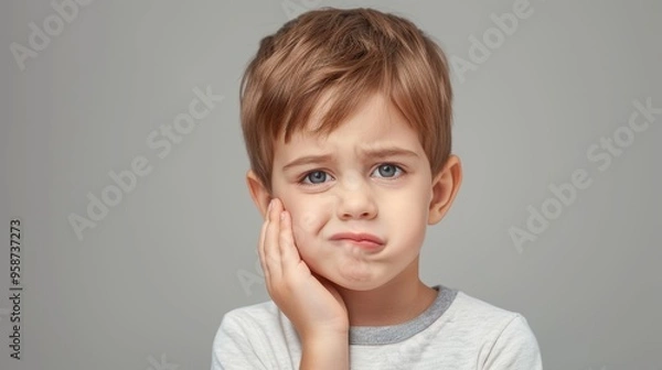 Fototapeta little boy presses hand to cheek, suffers from pain in tooth isolated on gray studio background. Teeth decay, dental problems, child emotions and facial expression