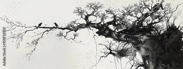 Fototapeta A serene monochrome ink painting of a gnarled tree with birds perched on its branches, evoking tranquility and natural beauty.