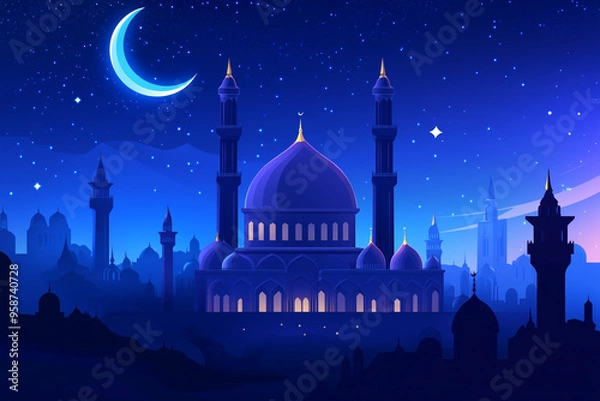 Obraz illustration of a beautifully decorated mosque with crescent moons and stars for Rabiul Awal 