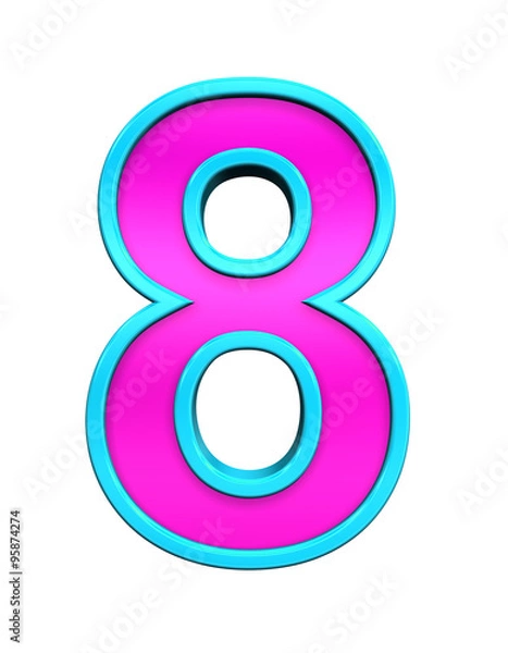 Fototapeta One digit from pink glass with blue frame alphabet set, isolated on white. Computer generated 3D photo rendering.