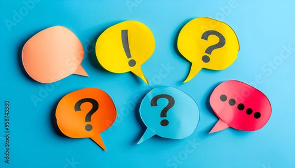 Fototapeta Ask question concept. Question mark on speech bubbles, top view