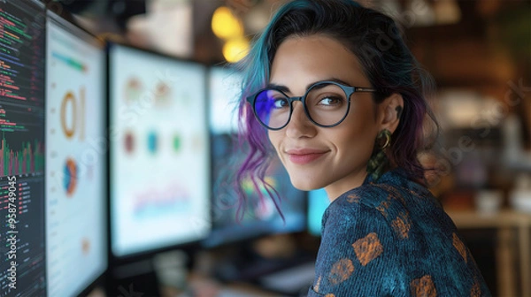 Fototapeta Confident Female Data Analyst Working on Multiple Screens in Modern Office Setting
