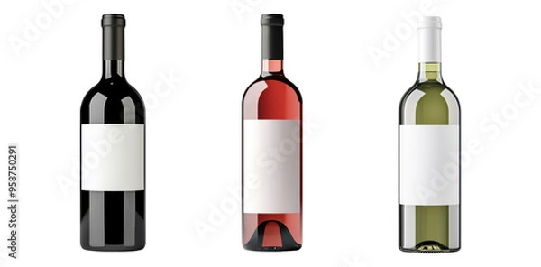 Fototapeta Three elegant wine bottles featuring blank labels isolate on transparent background, cutout, png