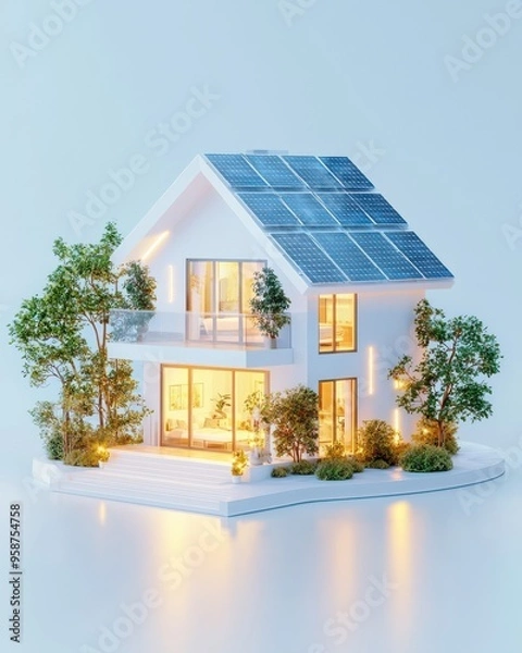 Fototapeta Modern eco-friendly house with solar panels, surrounded by greenery and illuminated at night, showcasing sustainable living.