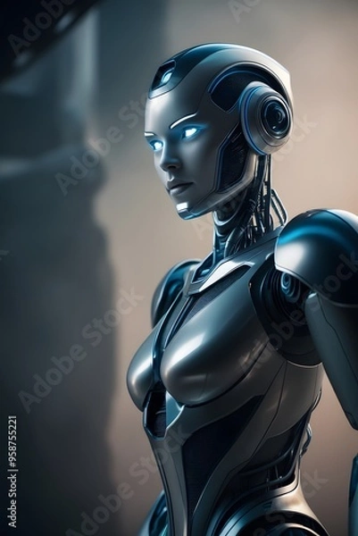 Fototapeta A modern robot stands out against a atmospheric backdrop, with ambient occlusion enabled to accentuate its metallic contours and sharp, reflective surfaces,copy space.