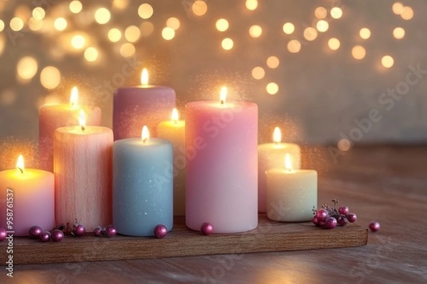 Fototapeta カラフルなキャンドルが並ぶ部屋（スピリチュアル・イベント・儀式・寝る前）