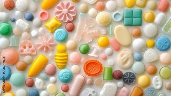 Fototapeta A colorful arrangement of various candies, gummies, and sweets, perfect for showcasing vibrant confectionery designs.