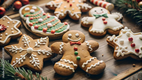 Fototapeta Christmas gingerbread cookies, festive, decorated with colorful icing and candy, capturing a joyful holiday spirit