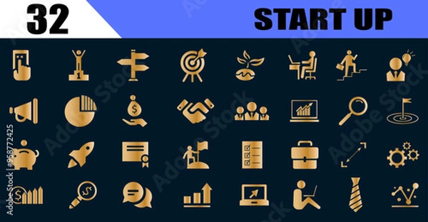Obraz Startup management business icon set. Containing innovation, business plan, investment, launch, funding, investor and entrepreneurship icons. gold icons.