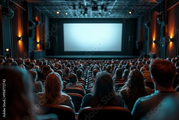 Fototapeta Audience Watching a Movie on a Blank Screen in a Cinema