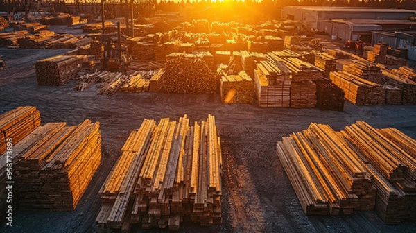 Fototapeta This photograph depicts a lumber yard at sunset, with neatly stacked piles of wood bathed in golden light, capturing the industrial atmosphere and a sense of hard work.