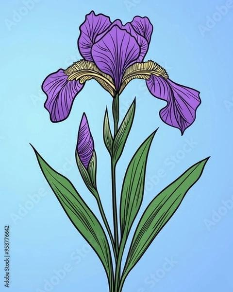 Fototapeta Illustration of an iris flower on a light background in linear cartoon style