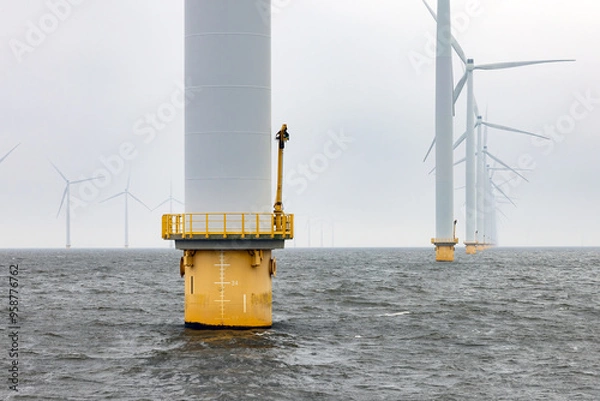 Fototapeta Offshore windfarm near Dutch coast with cloudy sky