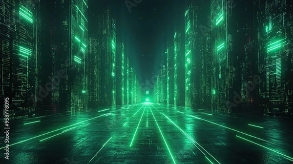 Fototapeta abstract cyber backgroun with green neon fluorescent lines glowing virtual reality matrix digital high tech wallpaper