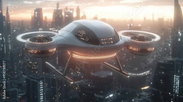 Fototapeta Futuristic drone flying over a sprawling cityscape at sunset, showcasing advanced technology and urban design.