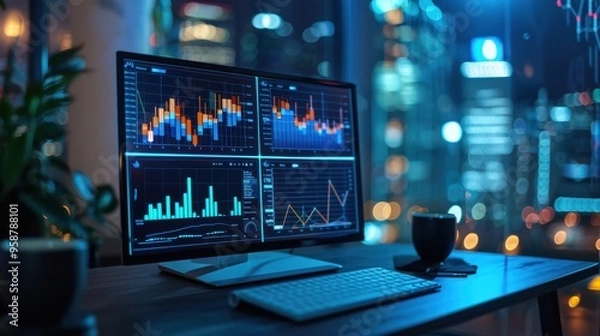 Fototapeta Nighttime Trading Desk with Financial Charts