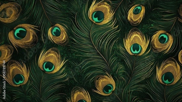 Fototapeta High-resolution digital rendering of a Thai silk pattern with intricate peacock feather motifs in green and gold. The design is ideal for luxurious fabric or wallpaper applications.