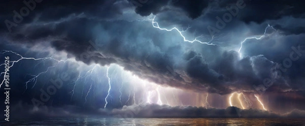 Fototapeta A stormy sky with multiple cloud to ground lightning strikes,  flashes of lightning and the rumble of thunder, showcasing the power of a storm.