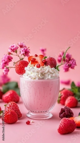 Fototapeta A glass of pink smoothie topped with whipped cream, strawberries, and pink flowers on a pink background.
