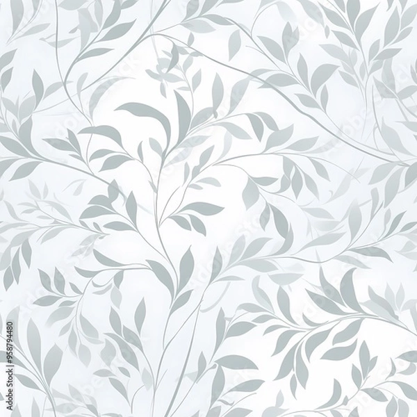 Fototapeta Delicate branches with white leaves on a soft gray background.