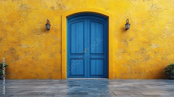 Fototapeta blue yellow backgroun with double doors opening architectural design element modern minimal concept opportunity metaphor