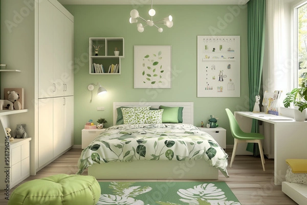 Fototapeta The room of children and kids in sweet home . A sleek, minimalist bed with clean lines in white or natural wood stands alongside a coordinating storage unit with integrated shelves and drawers.