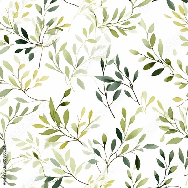 Fototapeta Delicate branches with white leaves on a soft gray background.