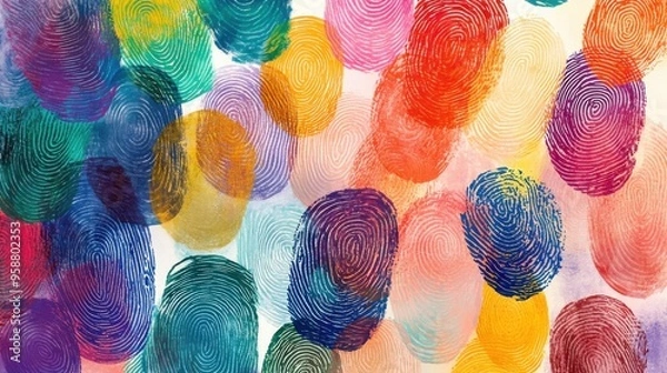 Fototapeta Abstract art of overlapping handprints in bright, vibrant colors
