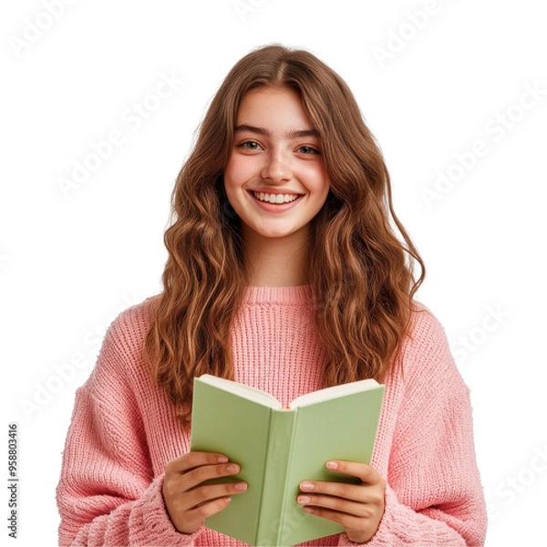 Fototapeta A girl is holding a book and smiling on a transparent background.