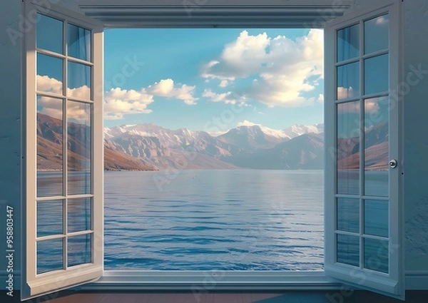 Fototapeta Open window overlooking the lake and mountains in the background. 3D Rendering