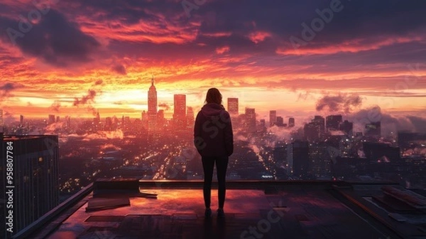 Obraz A person stands on a rooftop, gazing at the breathtaking city skyline illuminated by a stunning sunset, surrounded by clouds and vibrant colors reflecting off the buildings