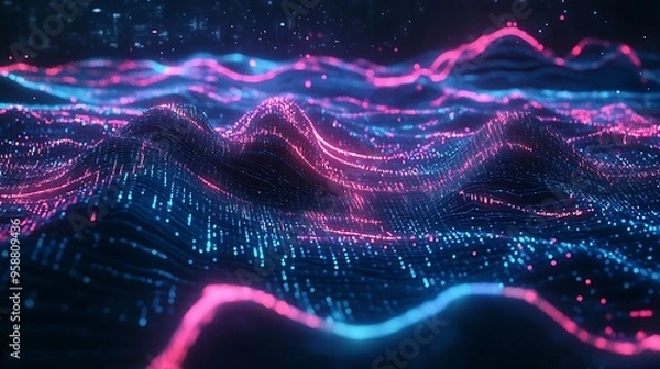 Fototapeta Futuristic Map of a Digital Landscape with Dynamic Lines Connecting Data Centers in a Holographic Style