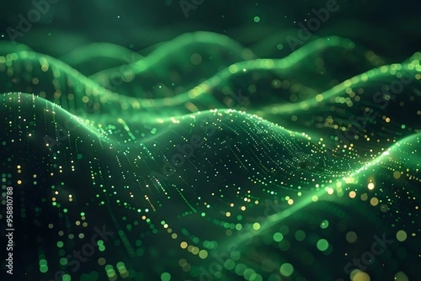 Fototapeta digital landscape of glowing green waves and dots, resembling a futuristic grid or network. This abstract scene evokes concepts of technology, data, and connectivity. Ideal for backgrounds
