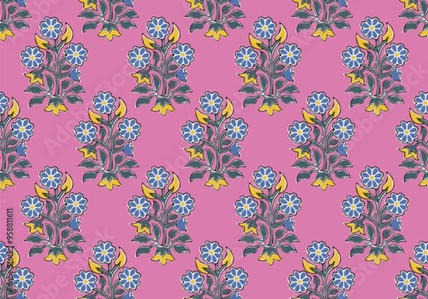 Fototapeta INDIAN TRADITIONAL FLORAL BLOCK PRINT DESIGN AJRAKH PRINTS BATIK PRINTS SANGANER JAIPUR SEAMLESS PATTERNS 