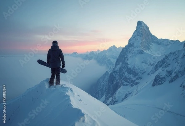 Fototapeta Winter snowboarder adventurer stands atop snow-covered summit, taking in breathtaking mountain views at dusk